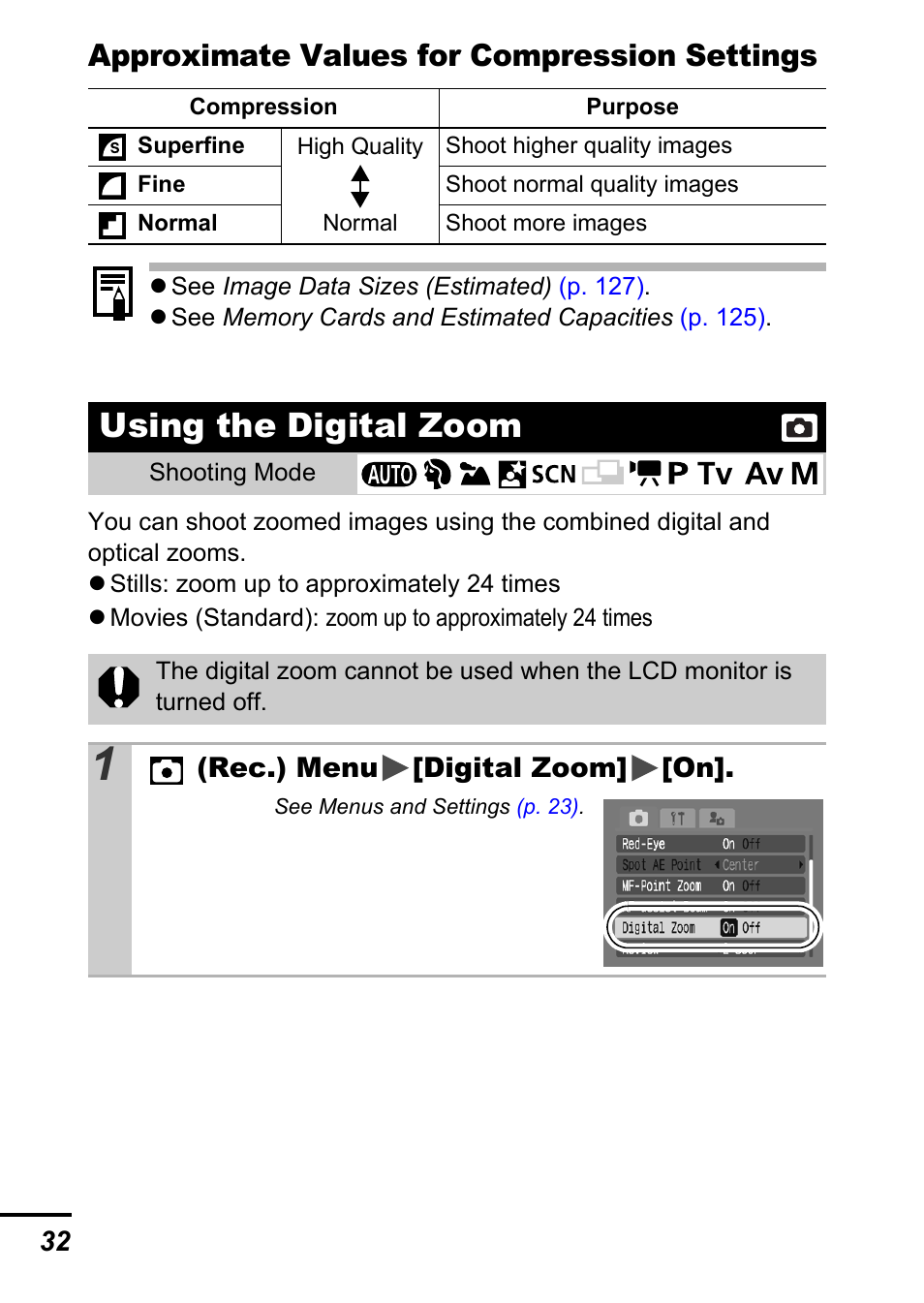 Using the digital zoom, P. 32), P. 32 | Approximate values for compression settings | Canon A700 User Manual | Page 34 / 140