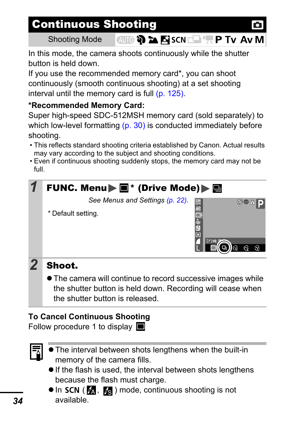 Continuous shooting, P. 34 | Canon A700 User Manual | Page 36 / 140