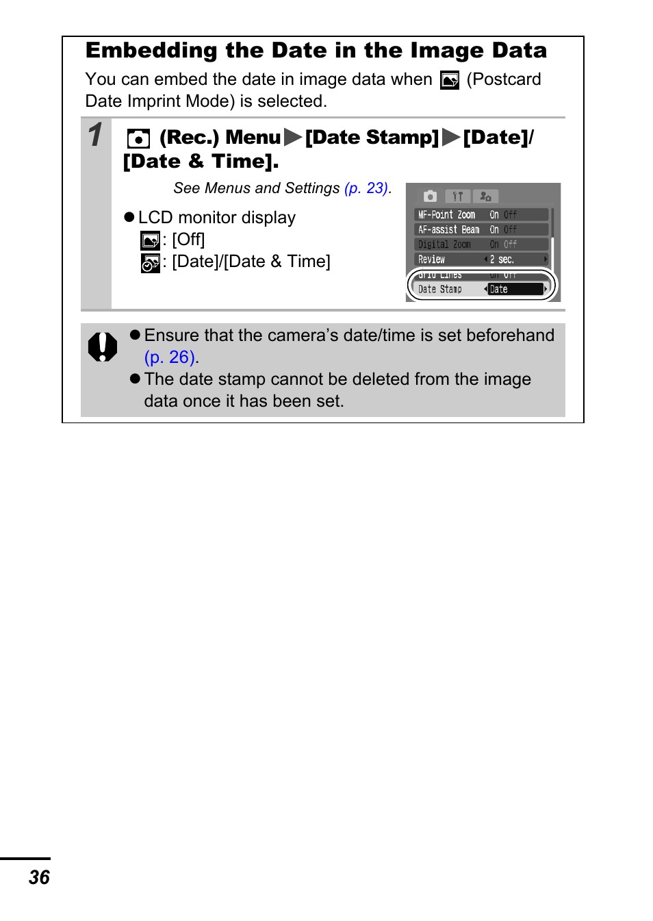 P. 36, Embedding the date in the image data | Canon A700 User Manual | Page 38 / 140