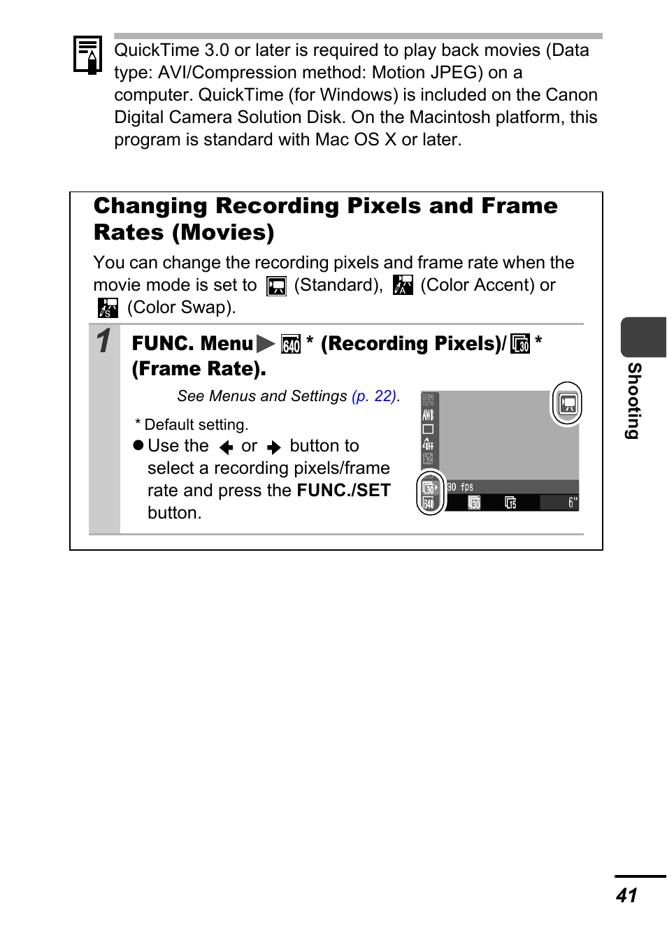 P. 41), Changing recording pixels and frame rates (movies) | Canon A700 User Manual | Page 43 / 140