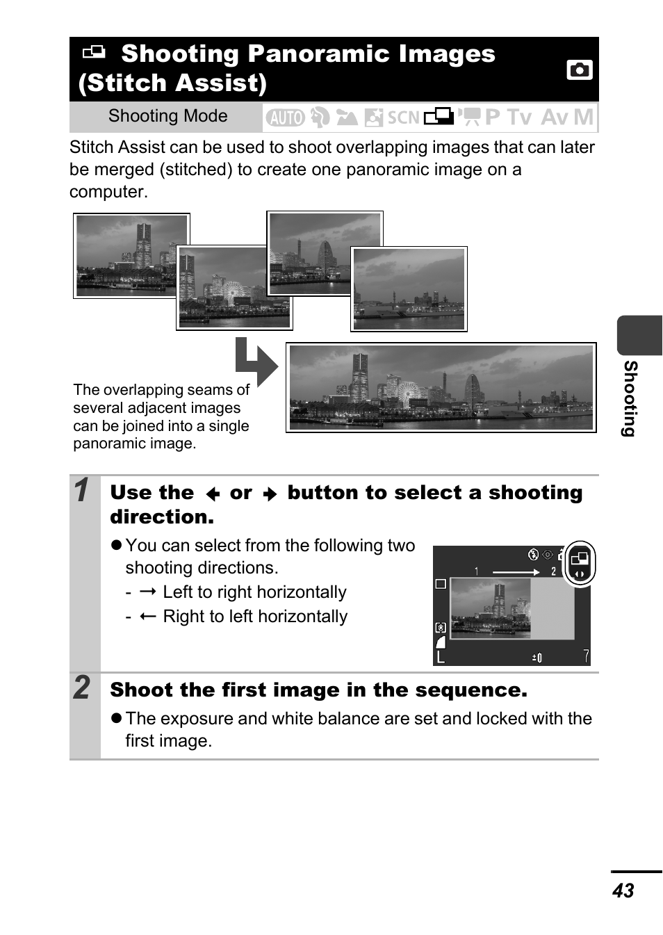 Shooting panoramic images (stitch assist), P. 43) | Canon A700 User Manual | Page 45 / 140