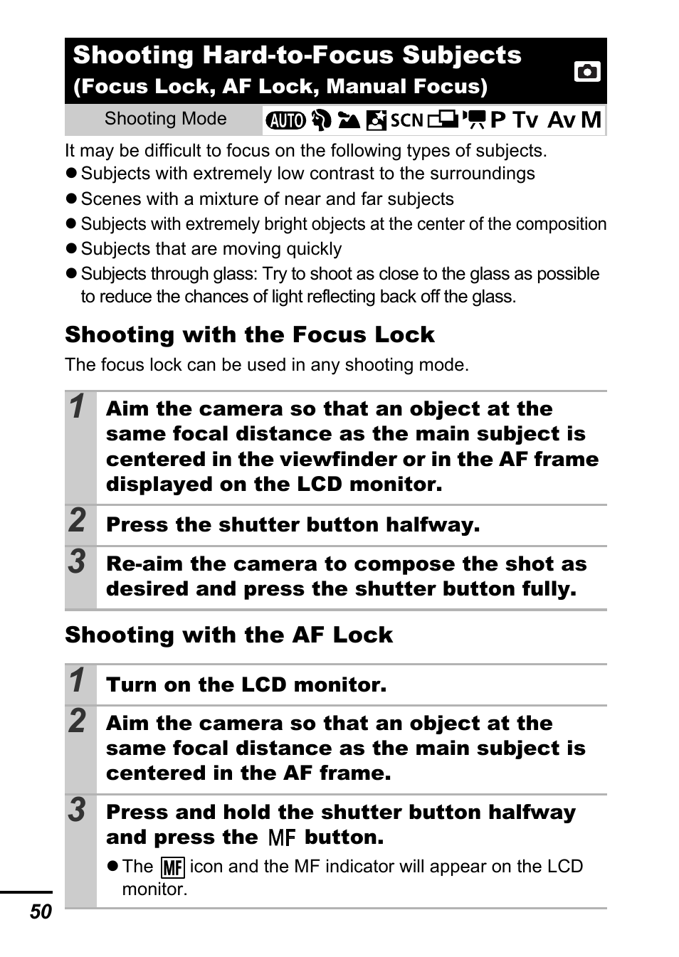 P. 50), Shooting hard-to-focus subjects | Canon A700 User Manual | Page 52 / 140