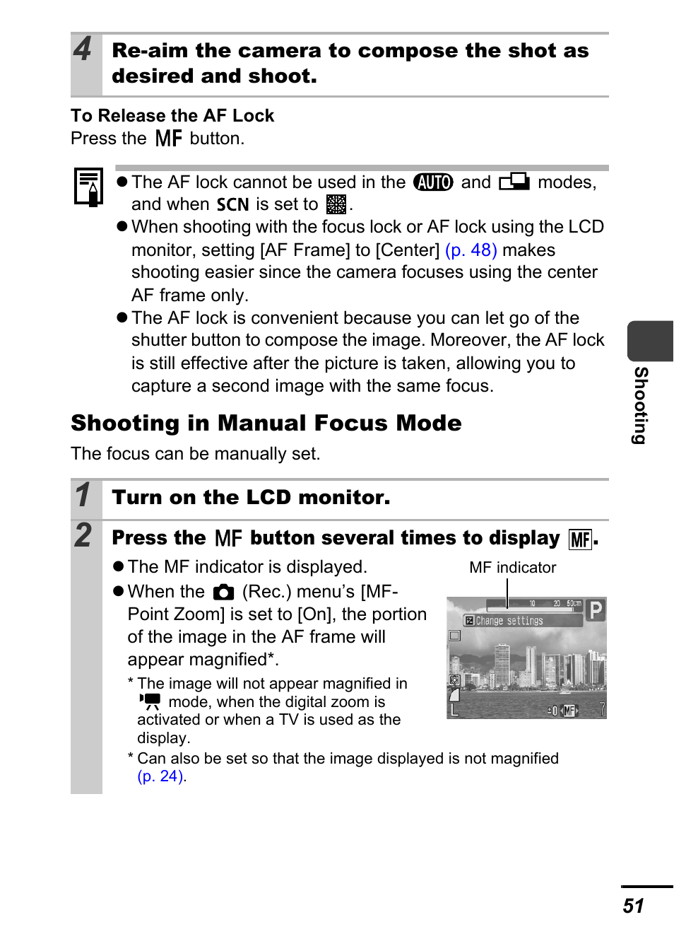 P. 51, P. 51), Shooting in manual focus mode | Canon A700 User Manual | Page 53 / 140