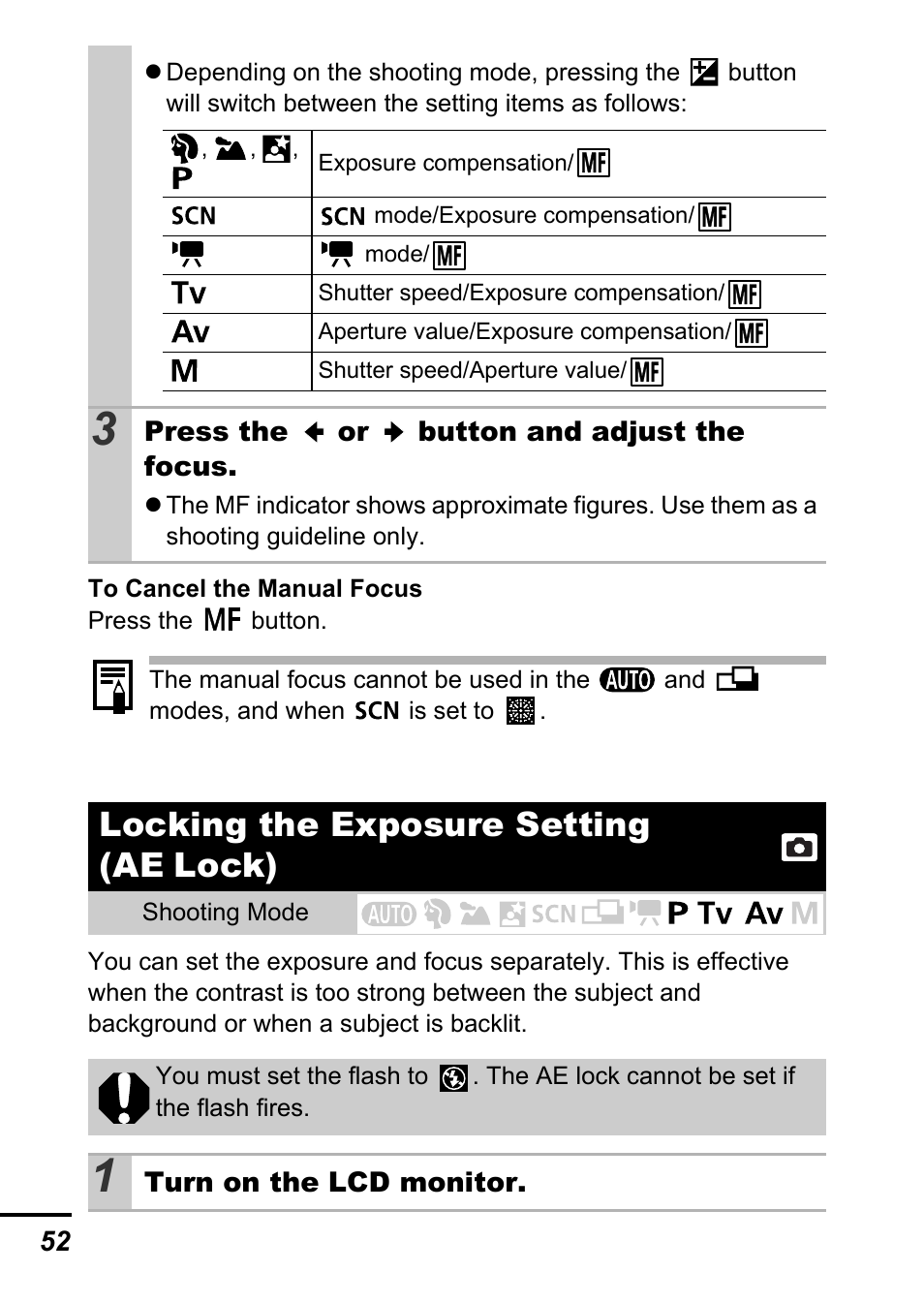 Locking the exposure setting (ae lock), Lock, P. 52) | Canon A700 User Manual | Page 54 / 140