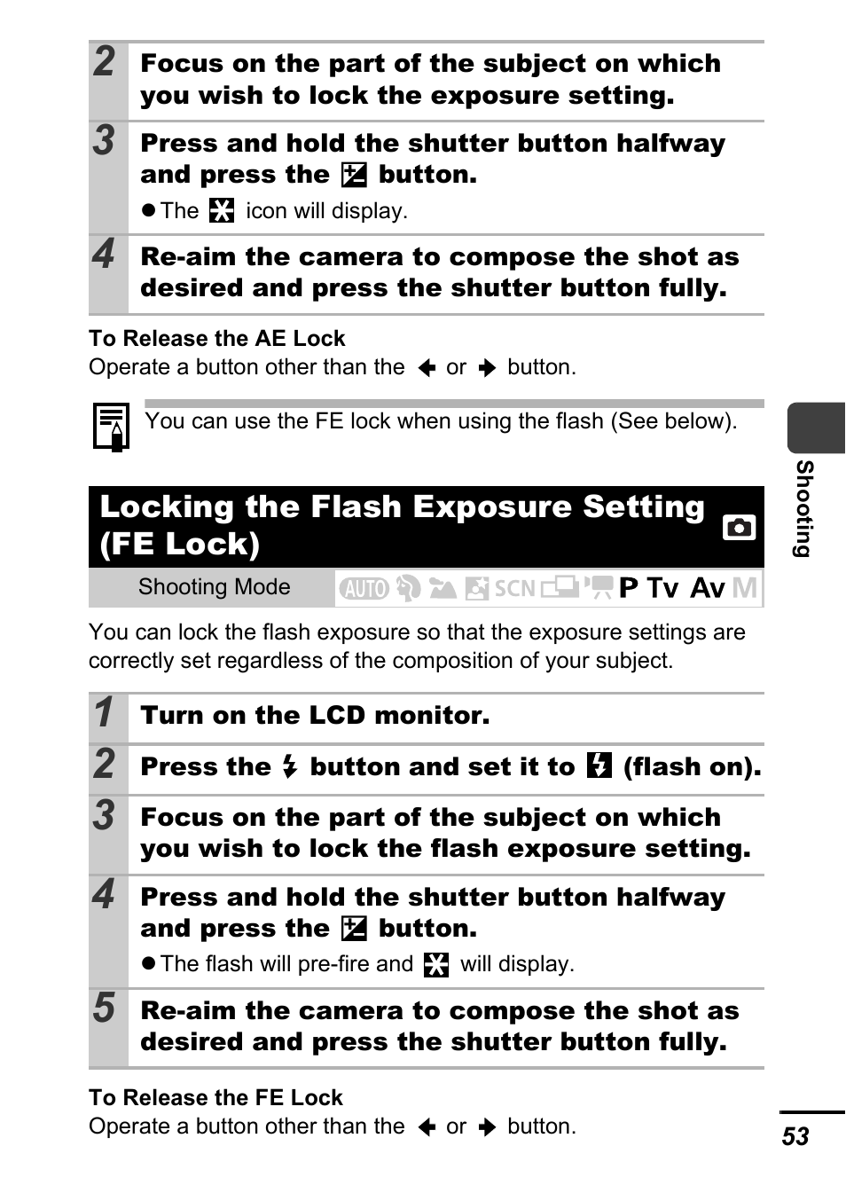 Locking the flash exposure setting (fe lock), P. 53) | Canon A700 User Manual | Page 55 / 140