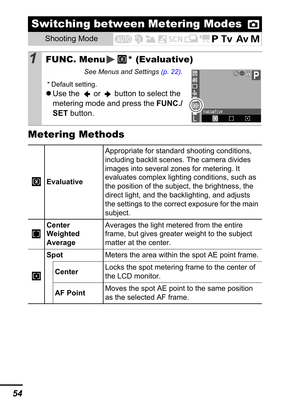 Switching between metering modes, P. 54), P. 54 | Metering methods | Canon A700 User Manual | Page 56 / 140