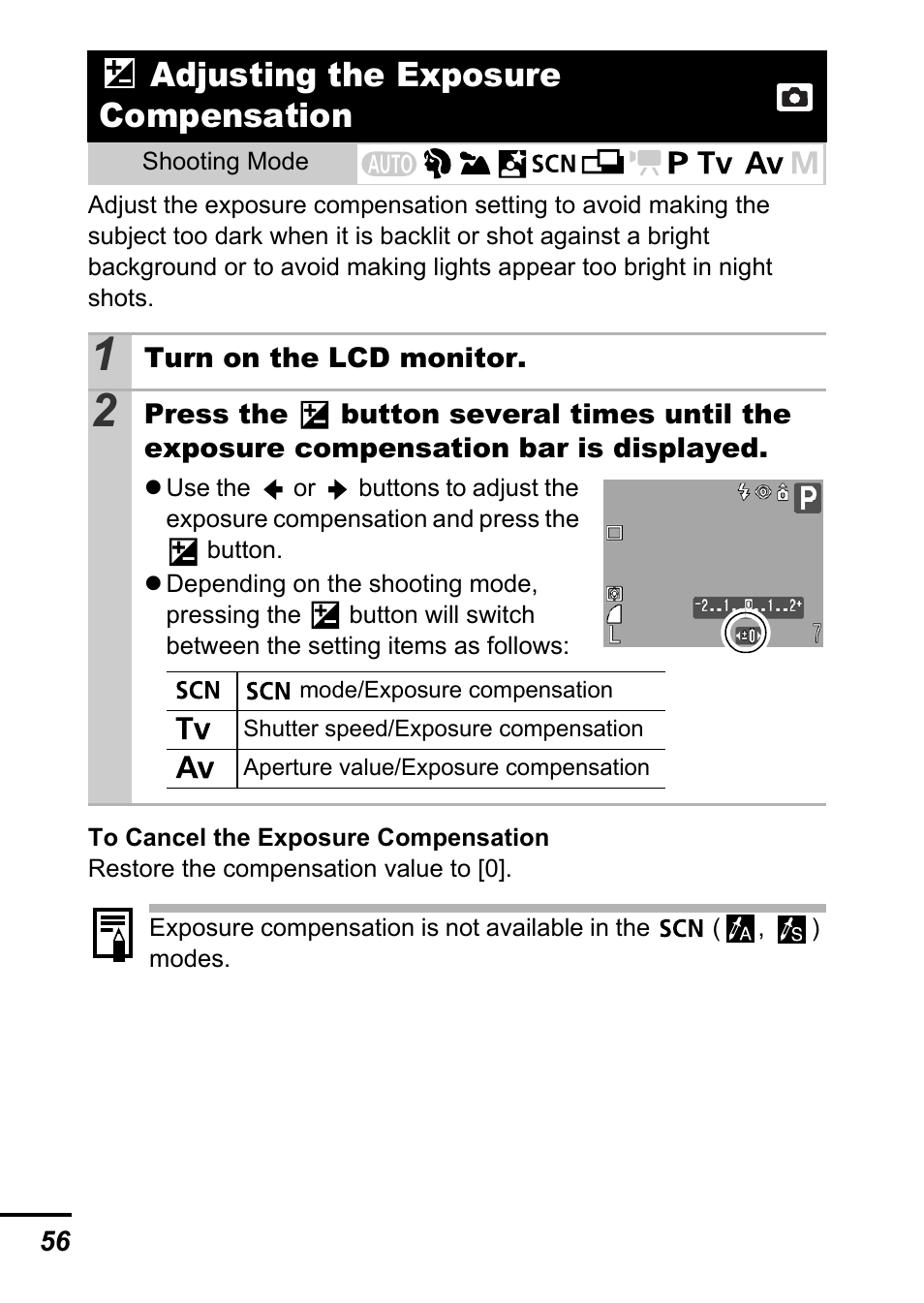 Adjusting the exposure compensation, E erase) button, P. 56 | P. 56) | Canon A700 User Manual | Page 58 / 140