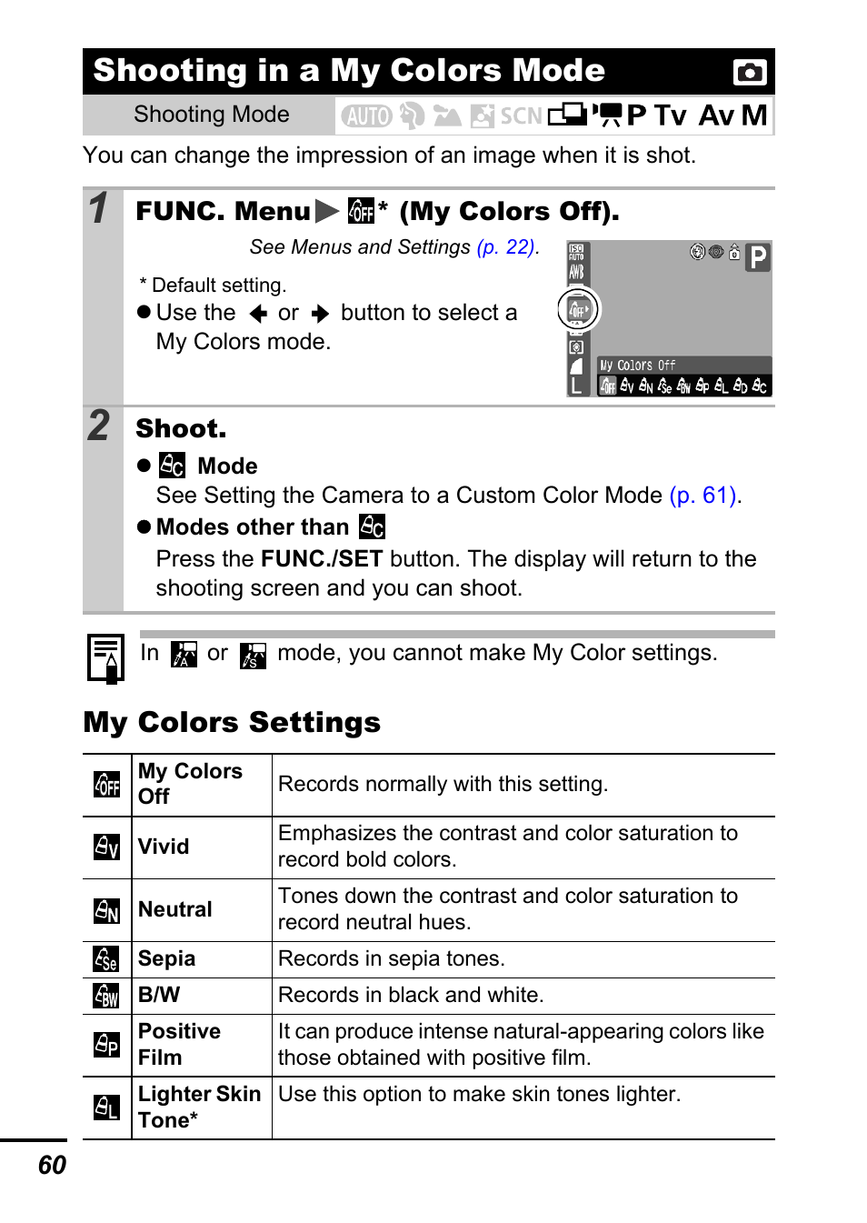 Shooting in a my colors mode, P. 60), My colors | P. 60, My colors settings | Canon A700 User Manual | Page 62 / 140