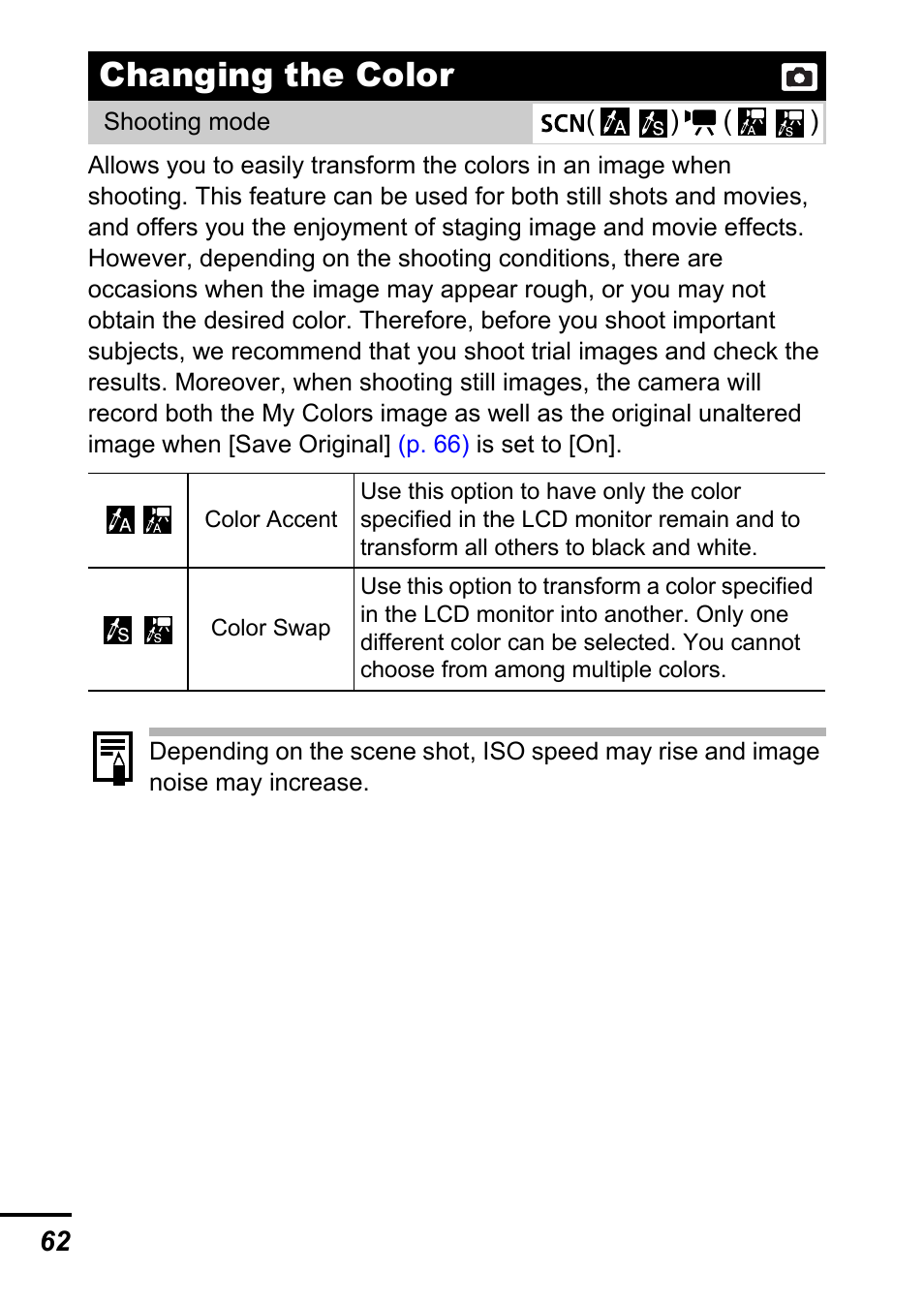 Changing the color, P. 62), Hanging the color | Canon A700 User Manual | Page 64 / 140