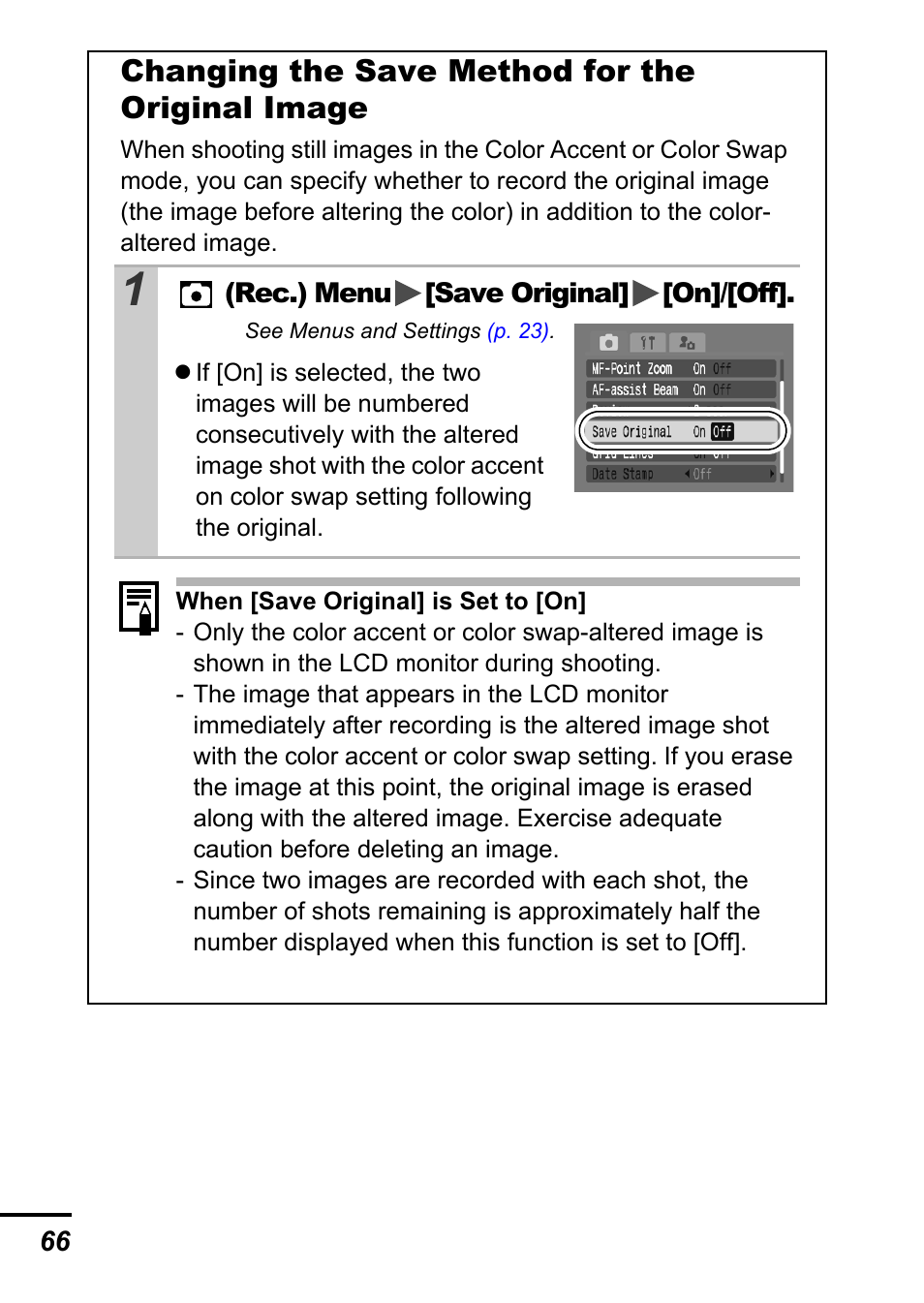 P. 66, Changing the save method for the original image | Canon A700 User Manual | Page 68 / 140