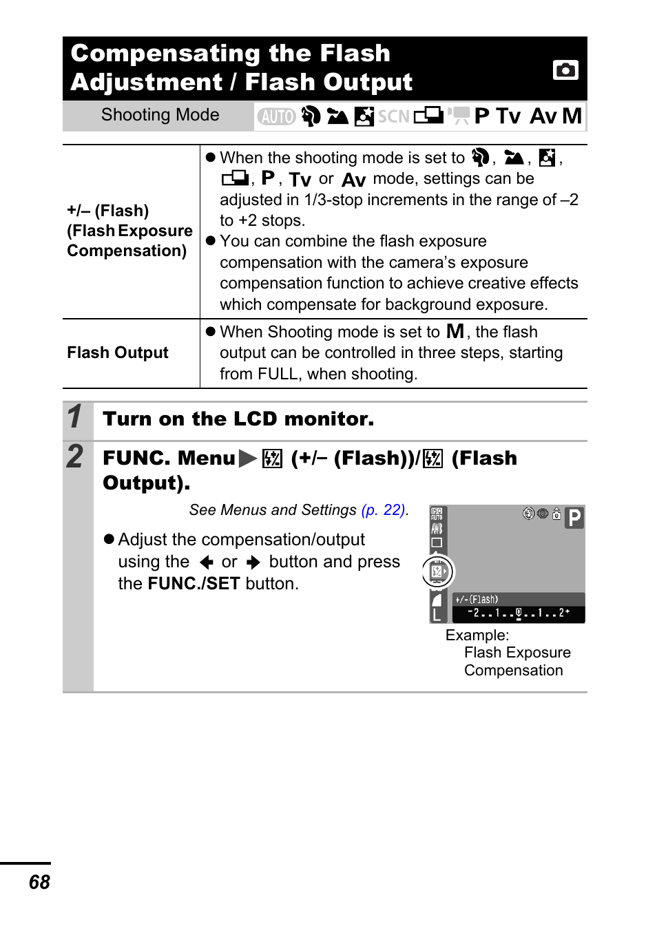 Compensating the flash adjustment / flash output, P. 68), P. 68 | Canon A700 User Manual | Page 70 / 140