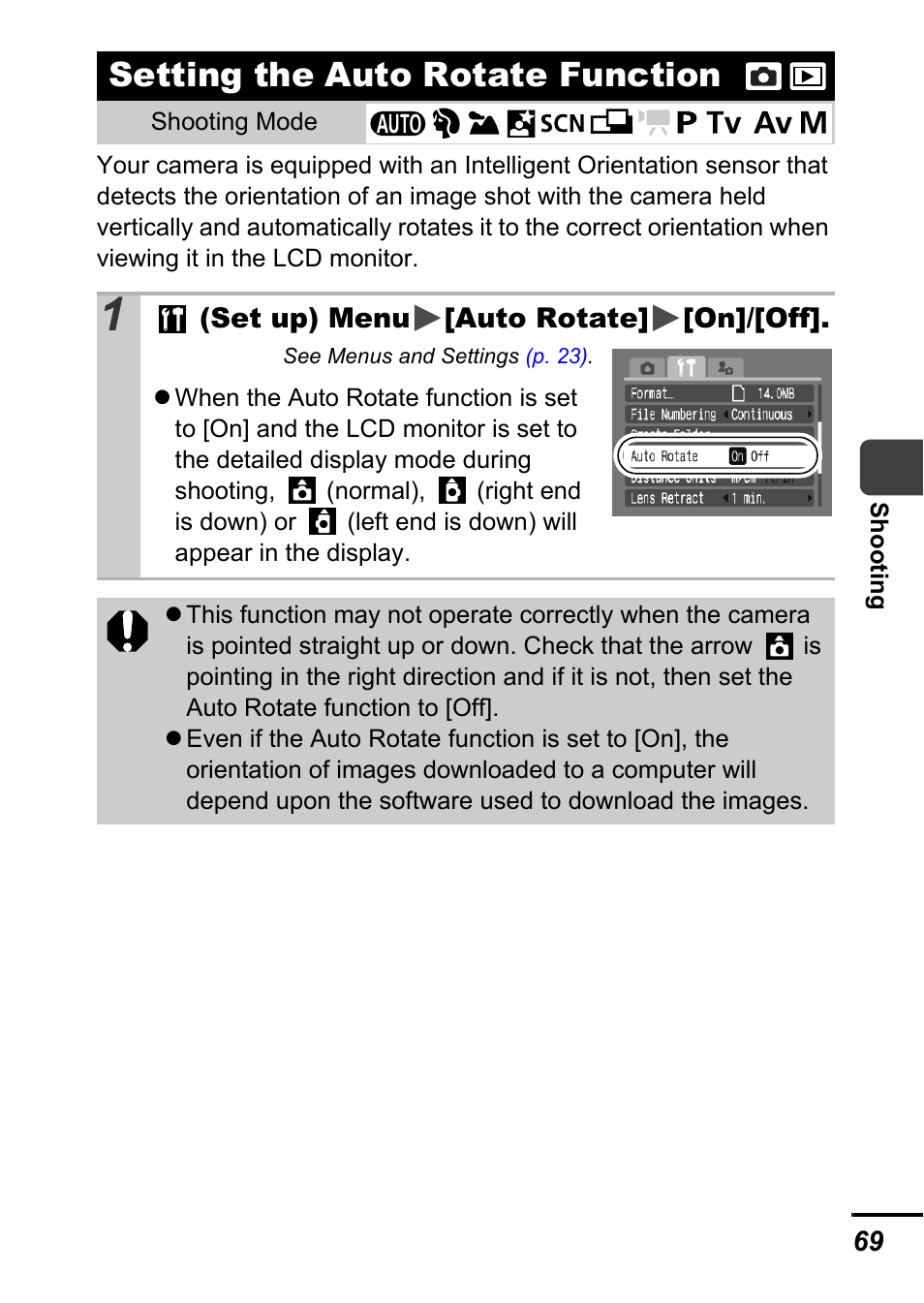 Setting the auto rotate function, P. 69), P. 69 | Canon A700 User Manual | Page 71 / 140