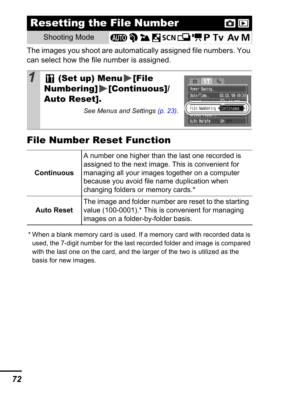 Resetting the file number, P. 72, File number reset function | Canon A700 User Manual | Page 74 / 140