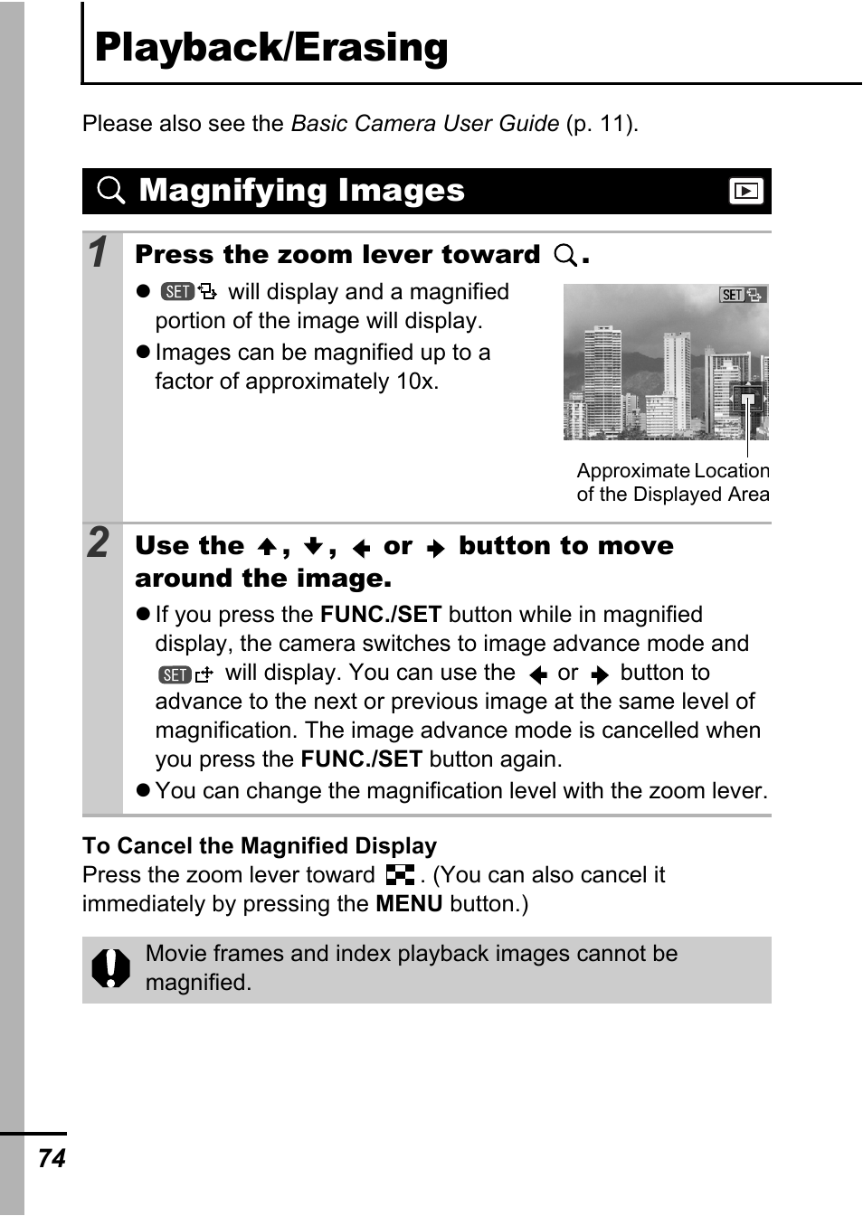 Playback/erasing, Magnifying images, P. 74 | Canon A700 User Manual | Page 76 / 140