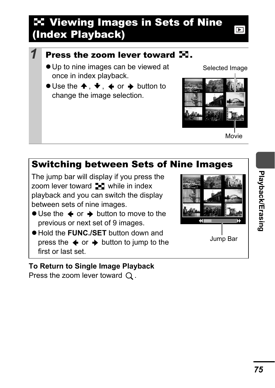 Viewing images in sets of nine (index playback), Switching between sets of nine images | Canon A700 User Manual | Page 77 / 140