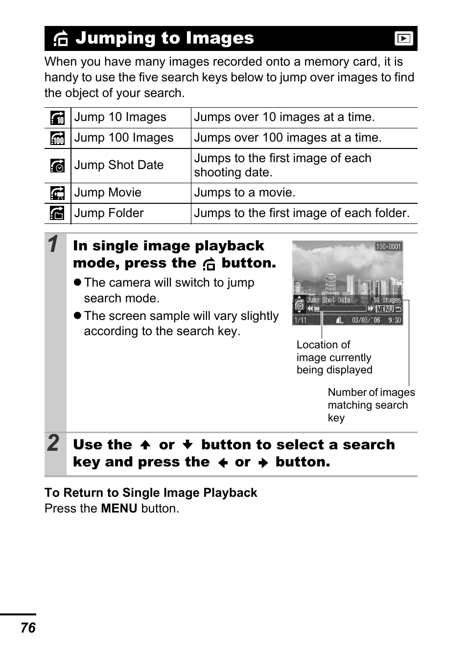 Jumping to images, P. 76 | Canon A700 User Manual | Page 78 / 140