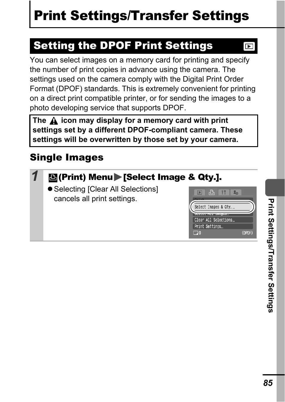 Print settings/transfer settings, Setting the dpof print settings, P. 85 | Canon A700 User Manual | Page 87 / 140