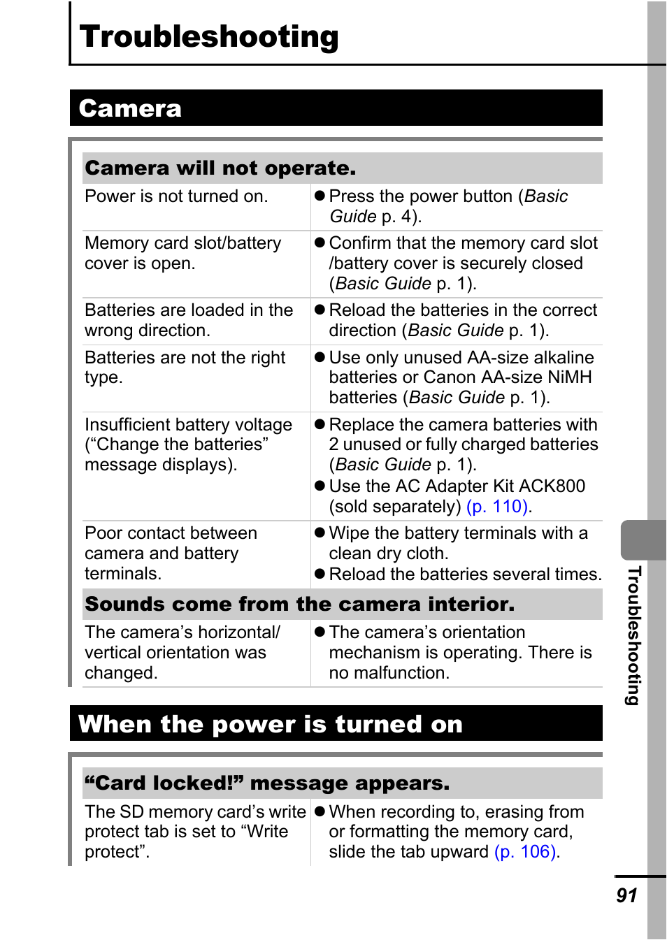 Troubleshooting, Camera, When the power is turned on | Camera when the power is turned on | Canon A700 User Manual | Page 93 / 140