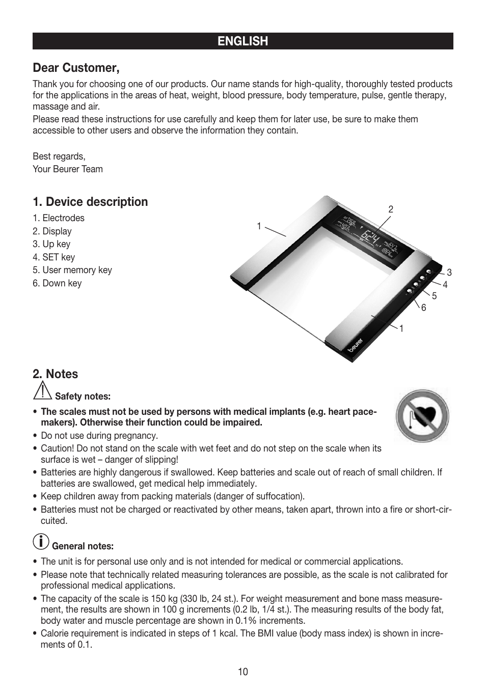 English dear customer, Device description | Beurer BG 55 User Manual | Page 10 / 64