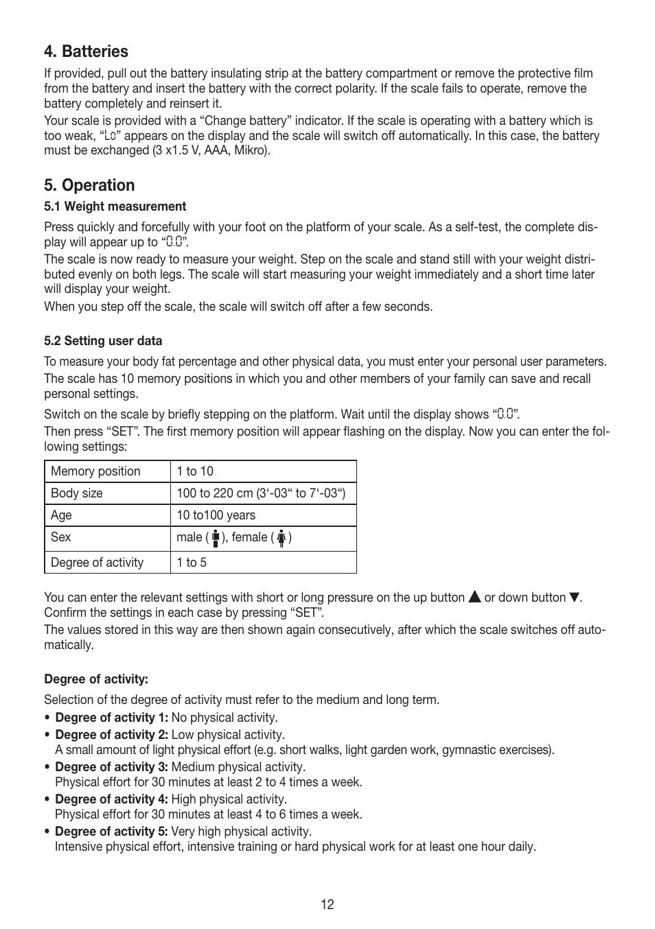 Batteries, Operation | Beurer BG 55 User Manual | Page 12 / 64