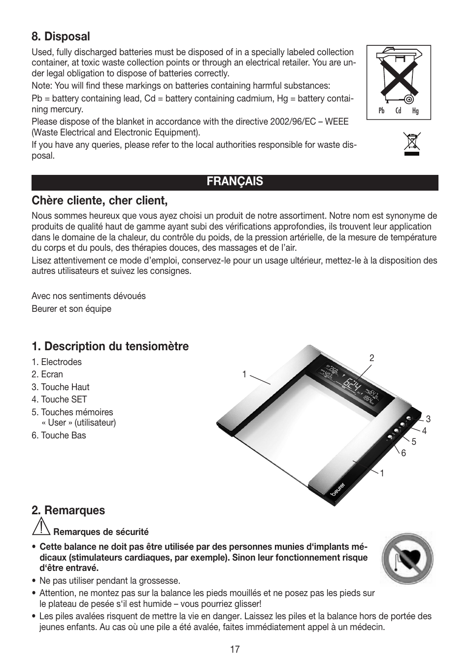 Disposal, Français chère cliente, cher client, Description du tensiomètre | Remarques | Beurer BG 55 User Manual | Page 17 / 64