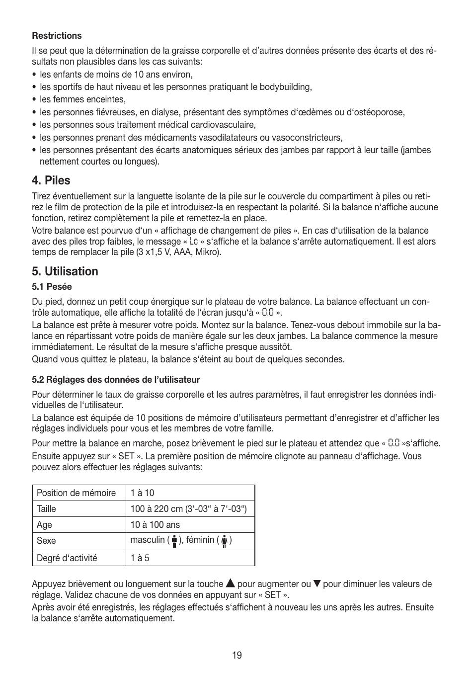Piles, Utilisation | Beurer BG 55 User Manual | Page 19 / 64