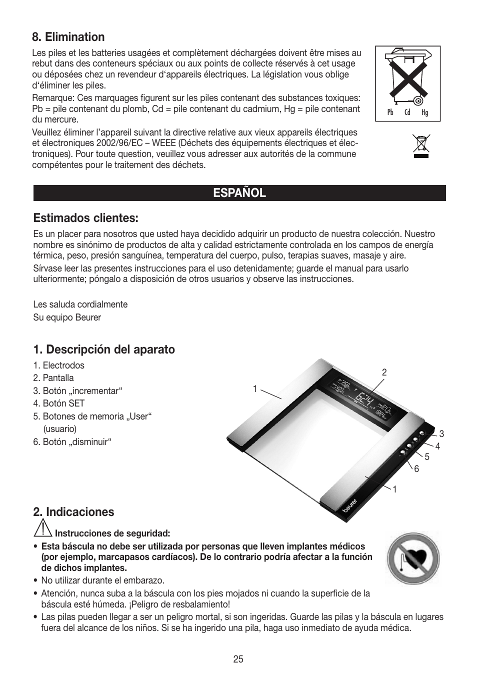 Elimination, Español estimados clientes, Descripción del aparato | Indicaciones | Beurer BG 55 User Manual | Page 25 / 64
