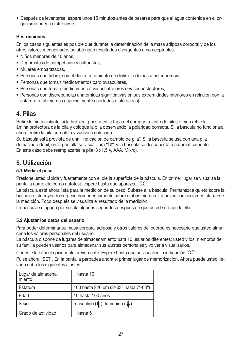 Pilas, Utilización | Beurer BG 55 User Manual | Page 27 / 64