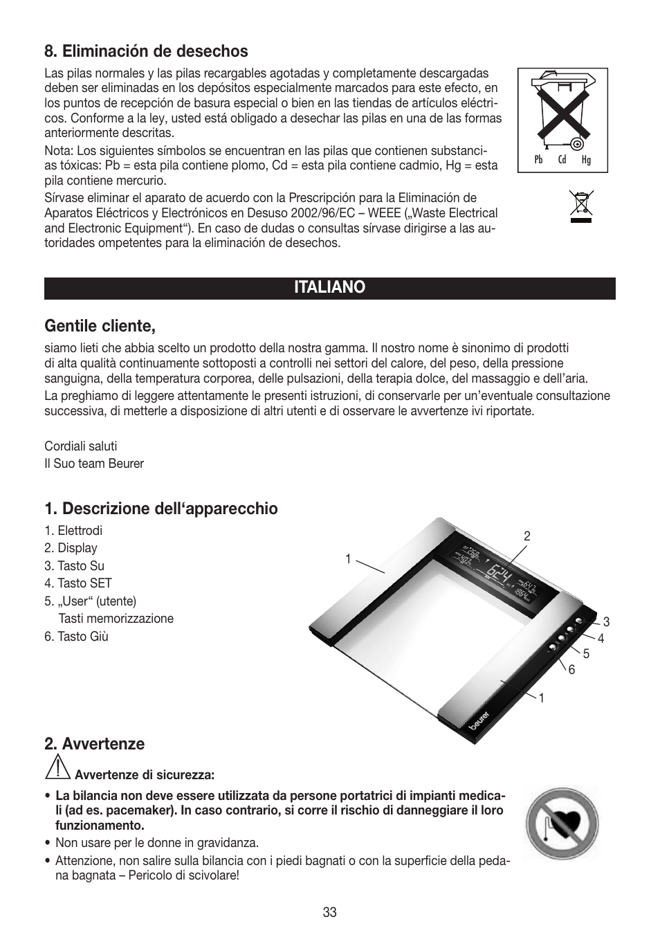 Eliminación de desechos, Italiano gentile cliente, Descrizione dell‘apparecchio | Avvertenze | Beurer BG 55 User Manual | Page 33 / 64