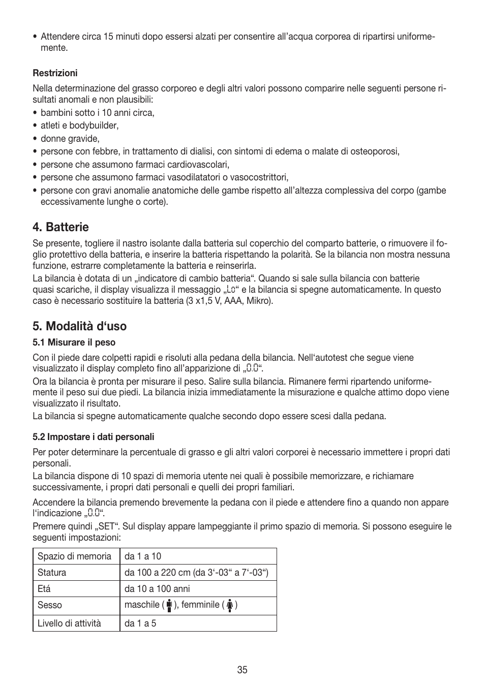 Batterie, Modalità d‘uso | Beurer BG 55 User Manual | Page 35 / 64