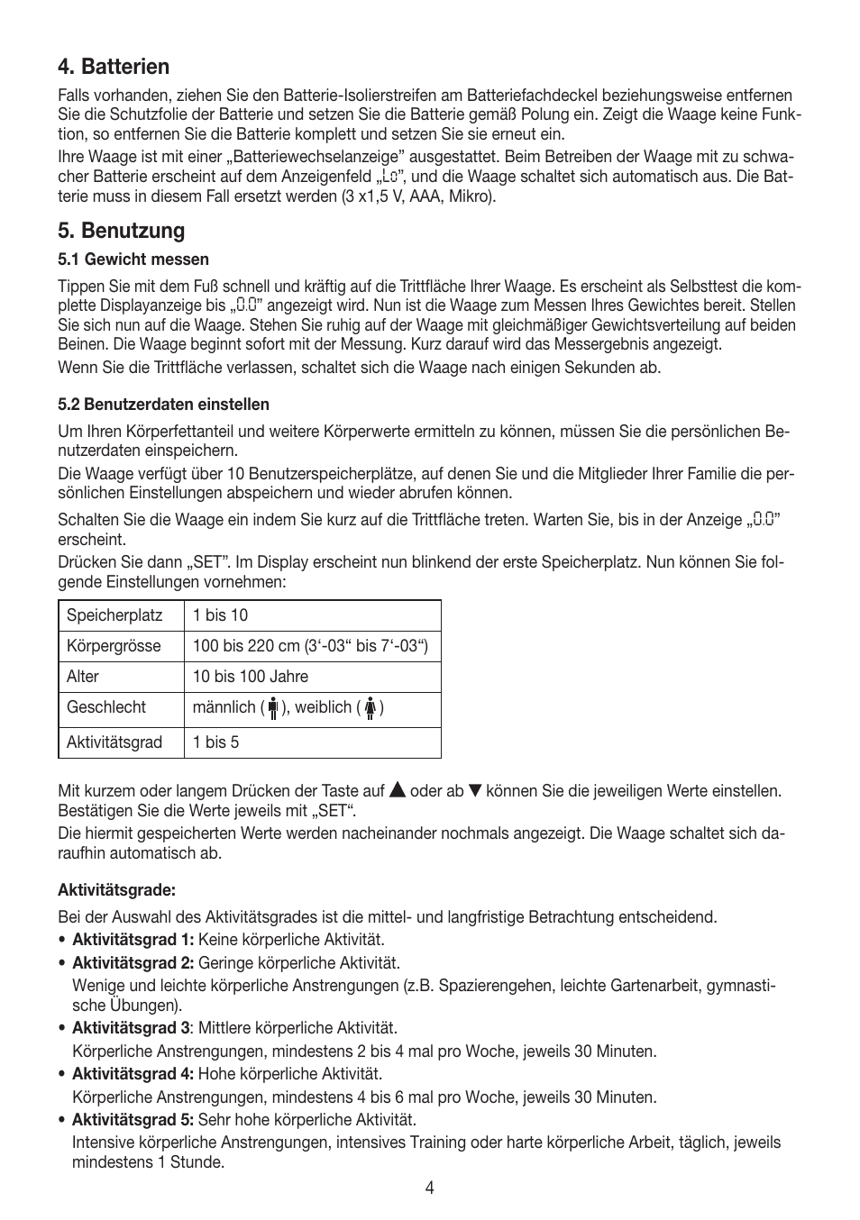 Batterien, Benutzung | Beurer BG 55 User Manual | Page 4 / 64