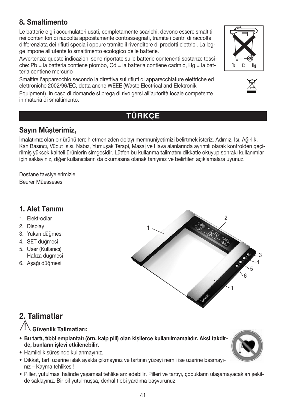 Talimatlar, Smaltimento, Türkçe sayın müşterimiz | Alet tanımı | Beurer BG 55 User Manual | Page 41 / 64
