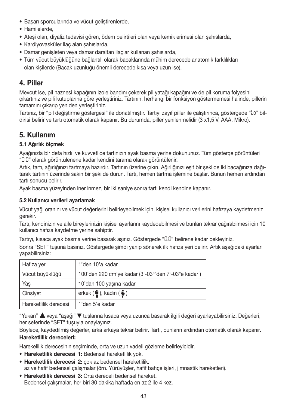 Piller, Kullanım | Beurer BG 55 User Manual | Page 43 / 64