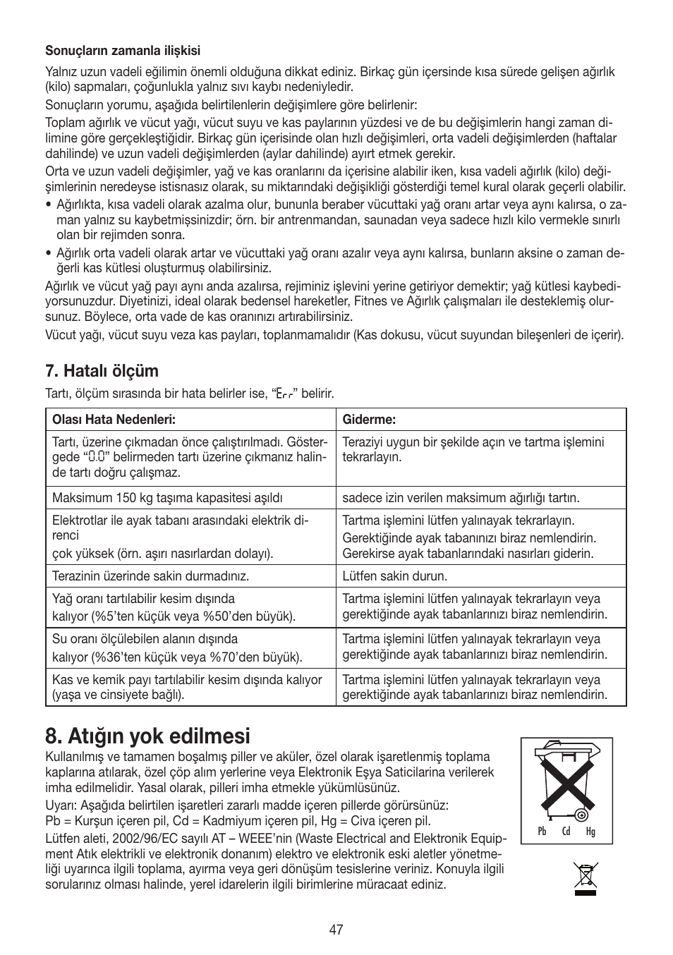 Atığın yok edilmesi, Hatalı ölçüm | Beurer BG 55 User Manual | Page 47 / 64