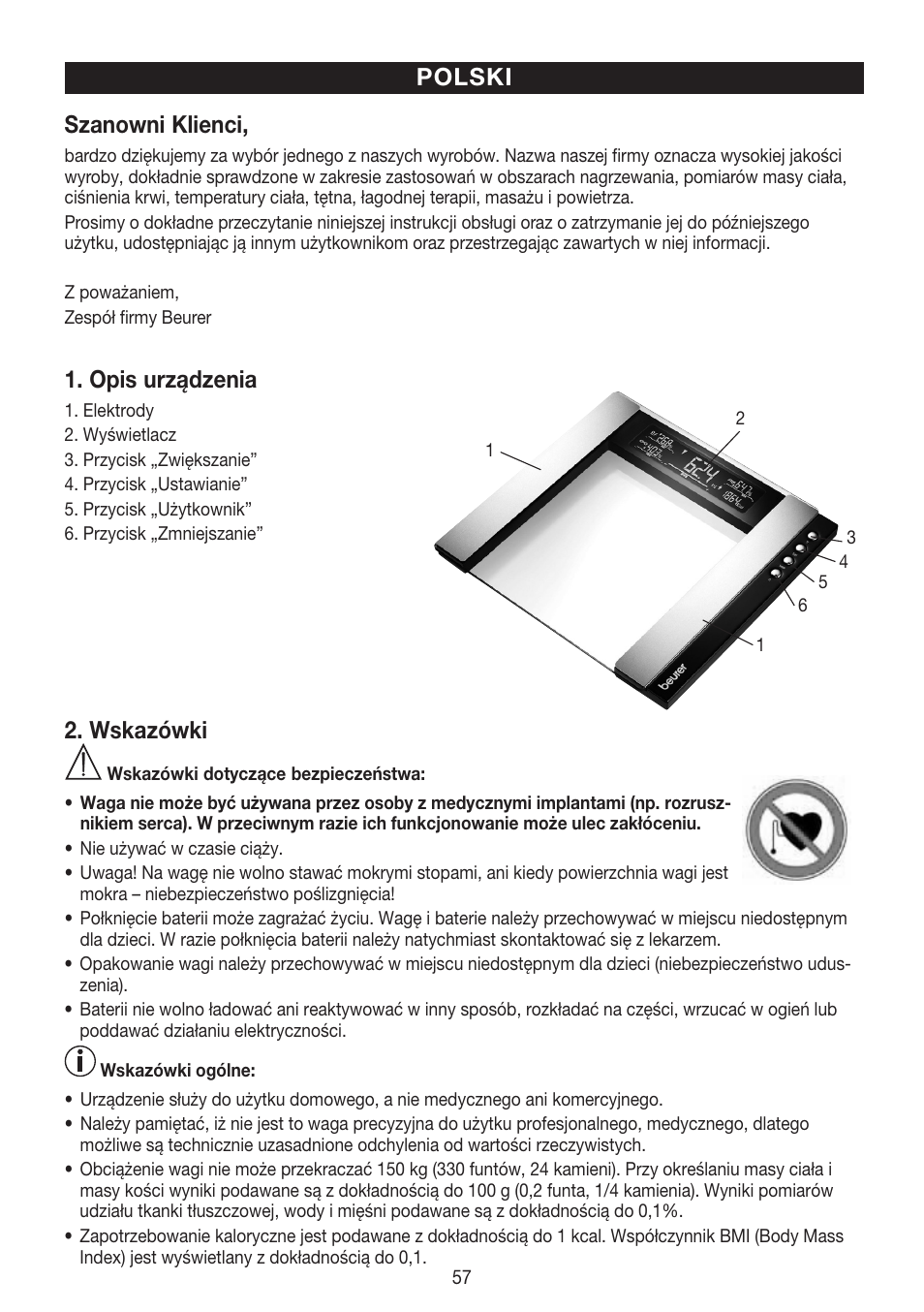 Polski szanowni klienci, Opis urządzenia, Wskazówki | Beurer BG 55 User Manual | Page 57 / 64