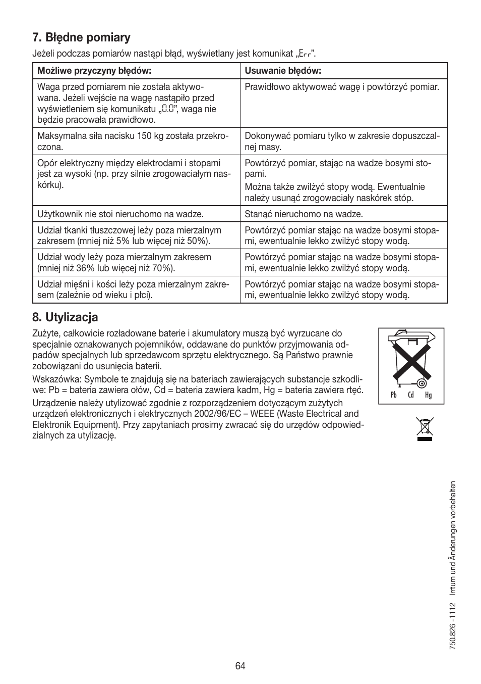 Błędne pomiary, Utylizacja | Beurer BG 55 User Manual | Page 64 / 64