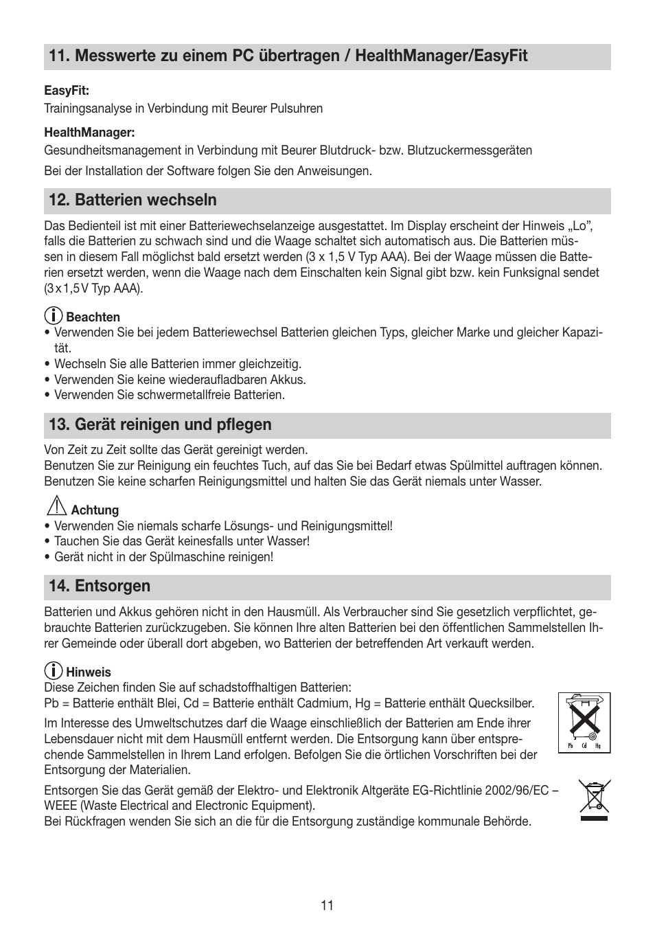 Batterien wechseln, Gerät reinigen und pflegen, Entsorgen | Beurer BG 64 User Manual | Page 11 / 100