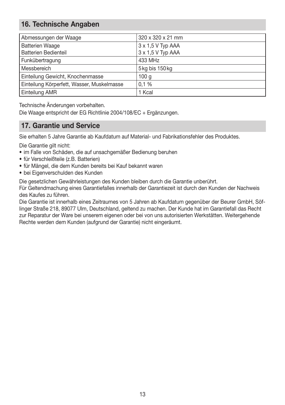 Technische angaben, Garantie und service | Beurer BG 64 User Manual | Page 13 / 100