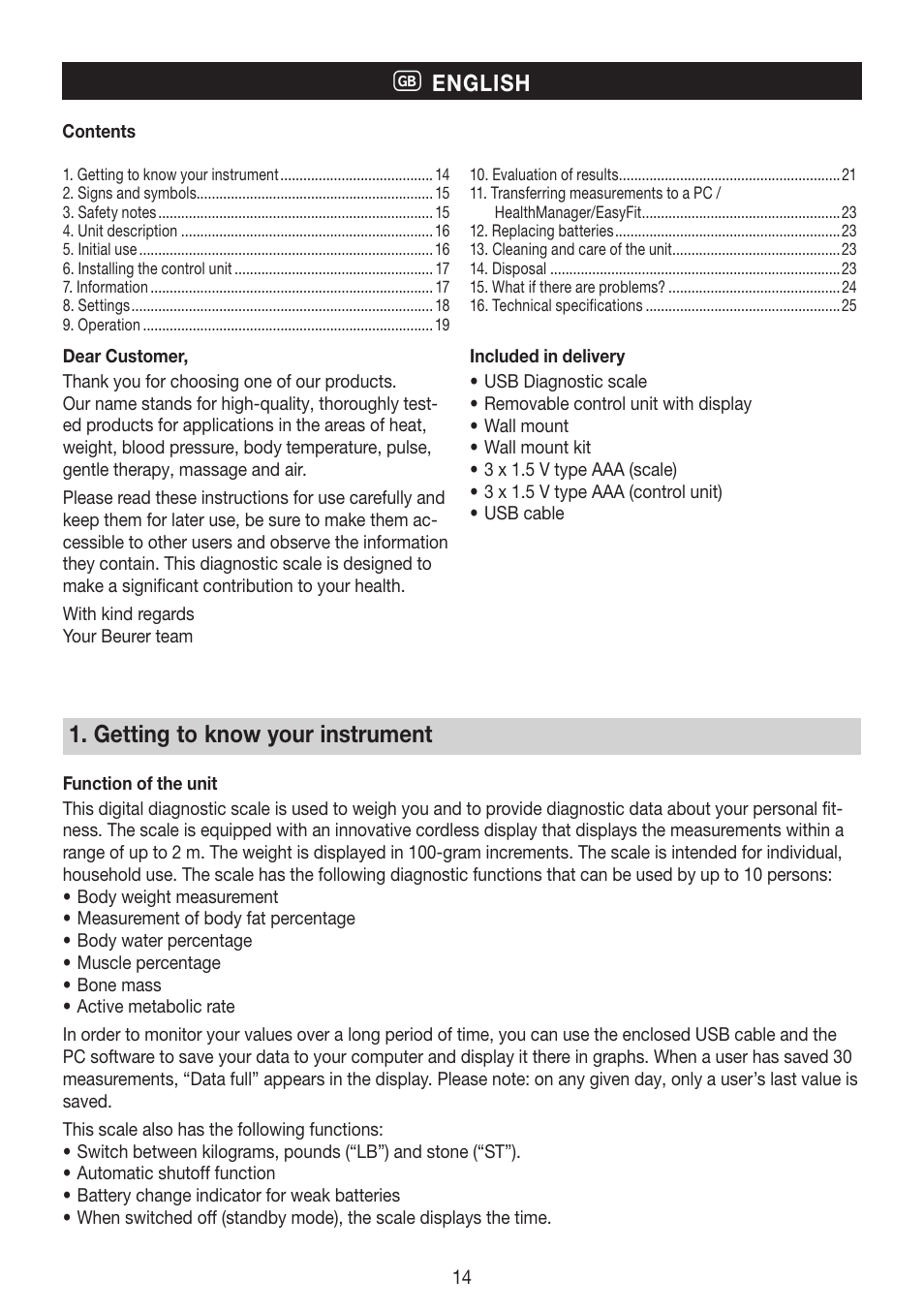 Getting to know your instrument, English | Beurer BG 64 User Manual | Page 14 / 100