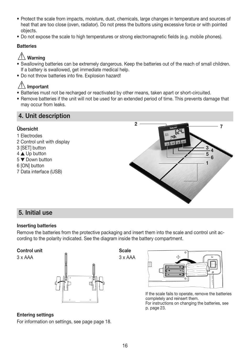 Unit description, Initial use | Beurer BG 64 User Manual | Page 16 / 100