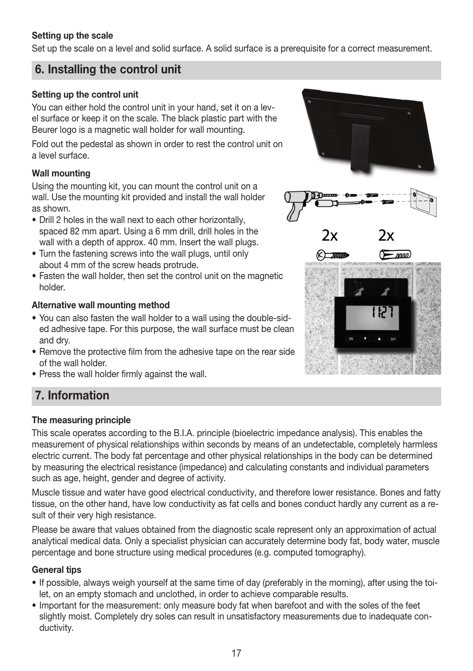 Installing the control unit, Information | Beurer BG 64 User Manual | Page 17 / 100
