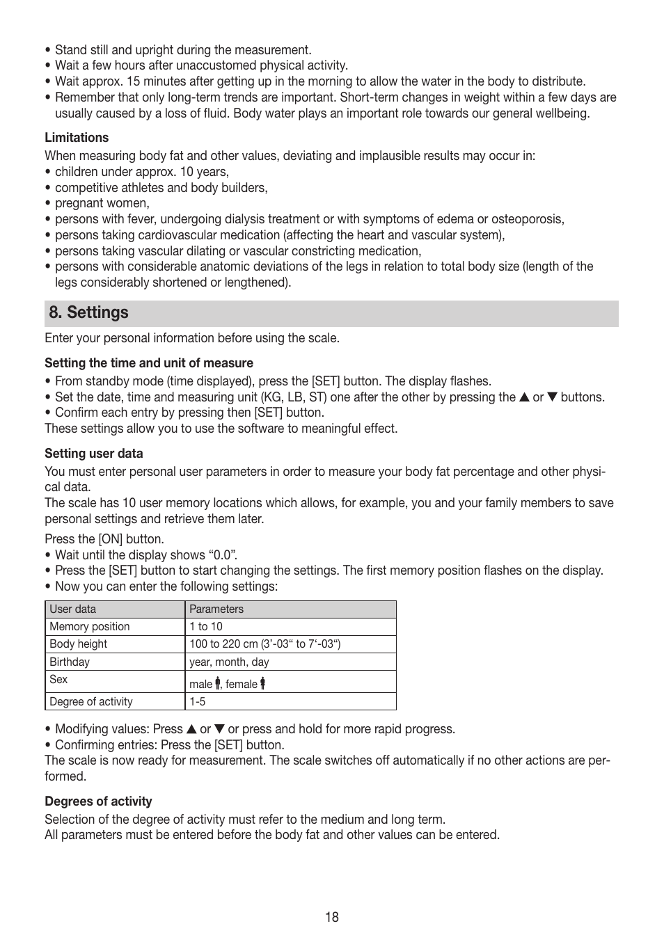 Settings | Beurer BG 64 User Manual | Page 18 / 100