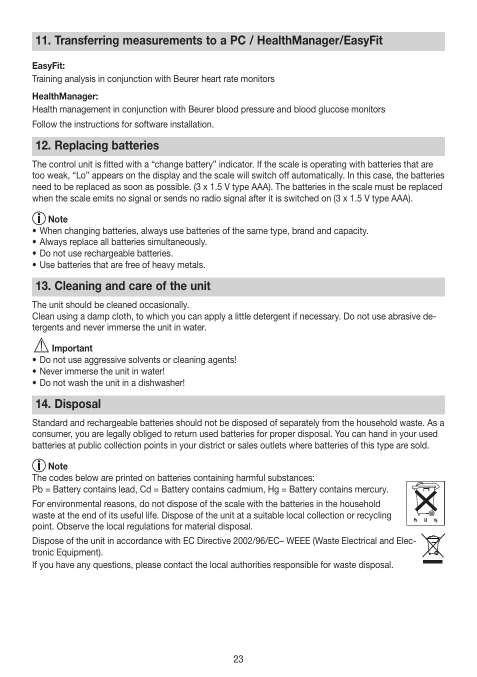 Replacing batteries, Cleaning and care of the unit, Disposal | Beurer BG 64 User Manual | Page 23 / 100
