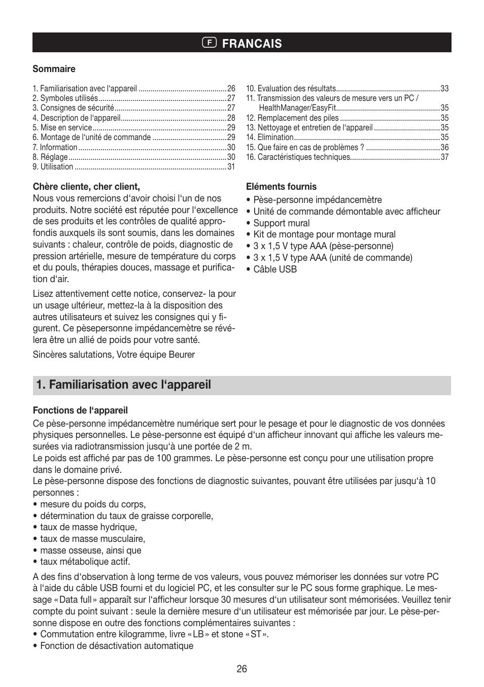 Familiarisation avec l‘appareil, Francais | Beurer BG 64 User Manual | Page 26 / 100