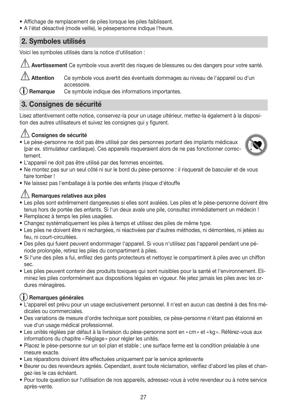 Symboles utilisés, Consignes de sécurité | Beurer BG 64 User Manual | Page 27 / 100