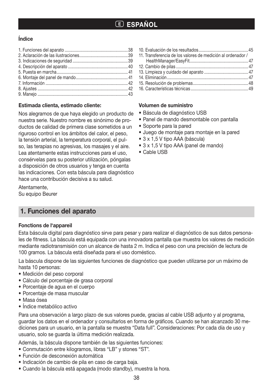 Funciones del aparato, Español | Beurer BG 64 User Manual | Page 38 / 100