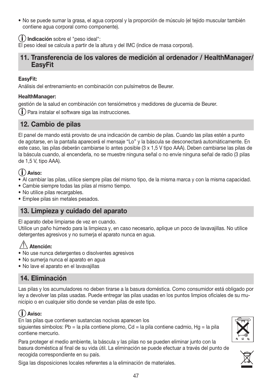 Cambio de pilas, Limpieza y cuidado del aparato, Eliminación | Beurer BG 64 User Manual | Page 47 / 100