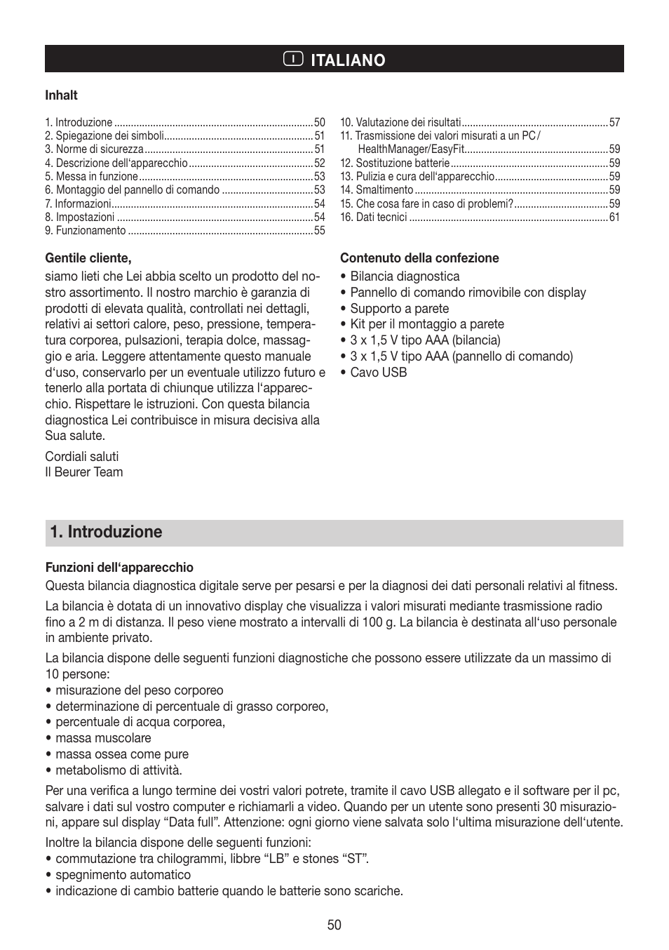Introduzione, Italiano | Beurer BG 64 User Manual | Page 50 / 100