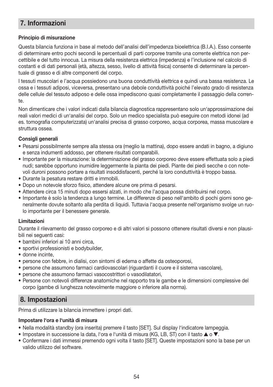 Informazioni, Impostazioni | Beurer BG 64 User Manual | Page 54 / 100