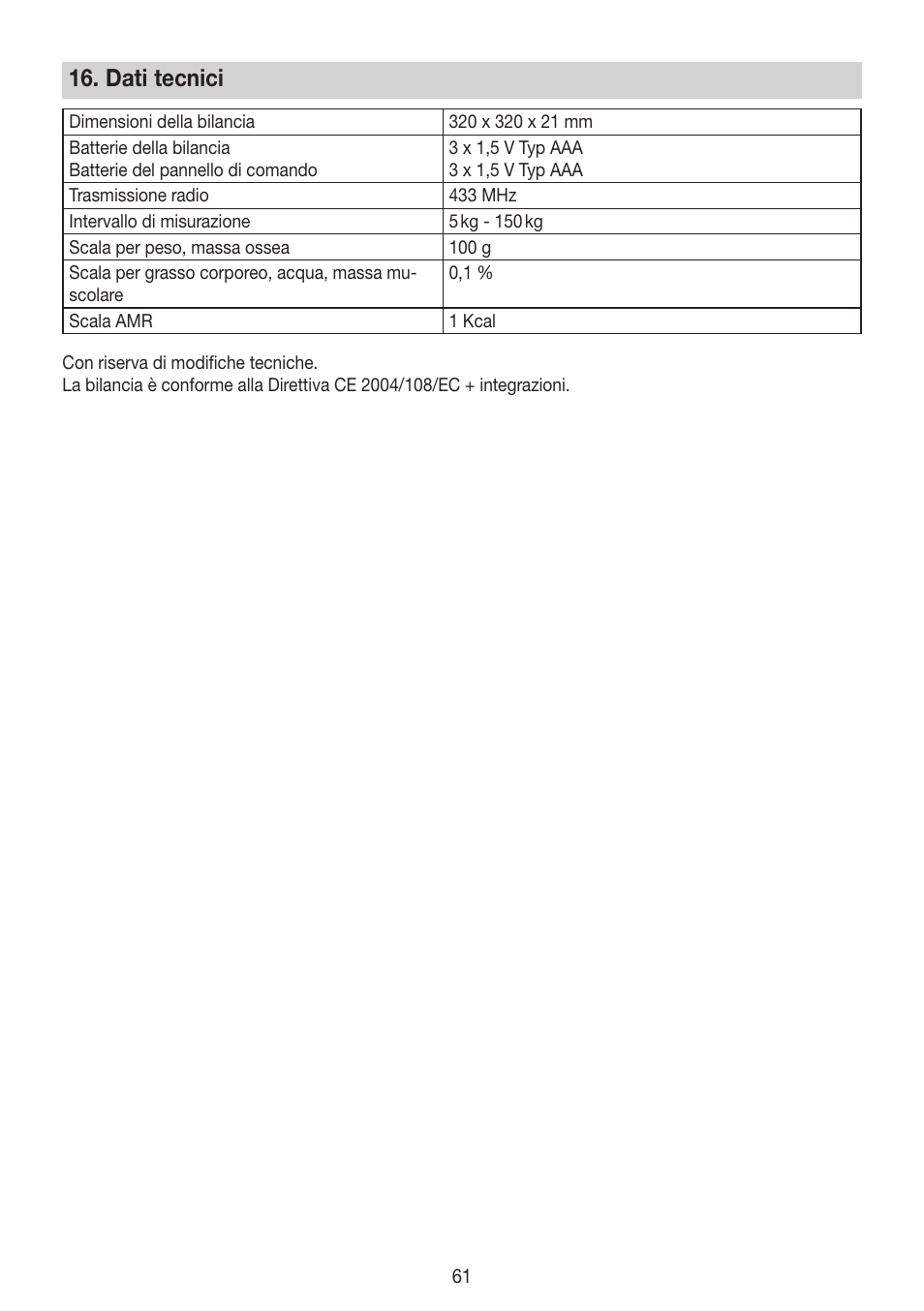 Dati tecnici | Beurer BG 64 User Manual | Page 61 / 100